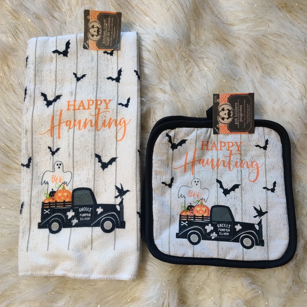 Halloween hand towel kitchen pot holders set NWT pumpkin black truck farmhouse